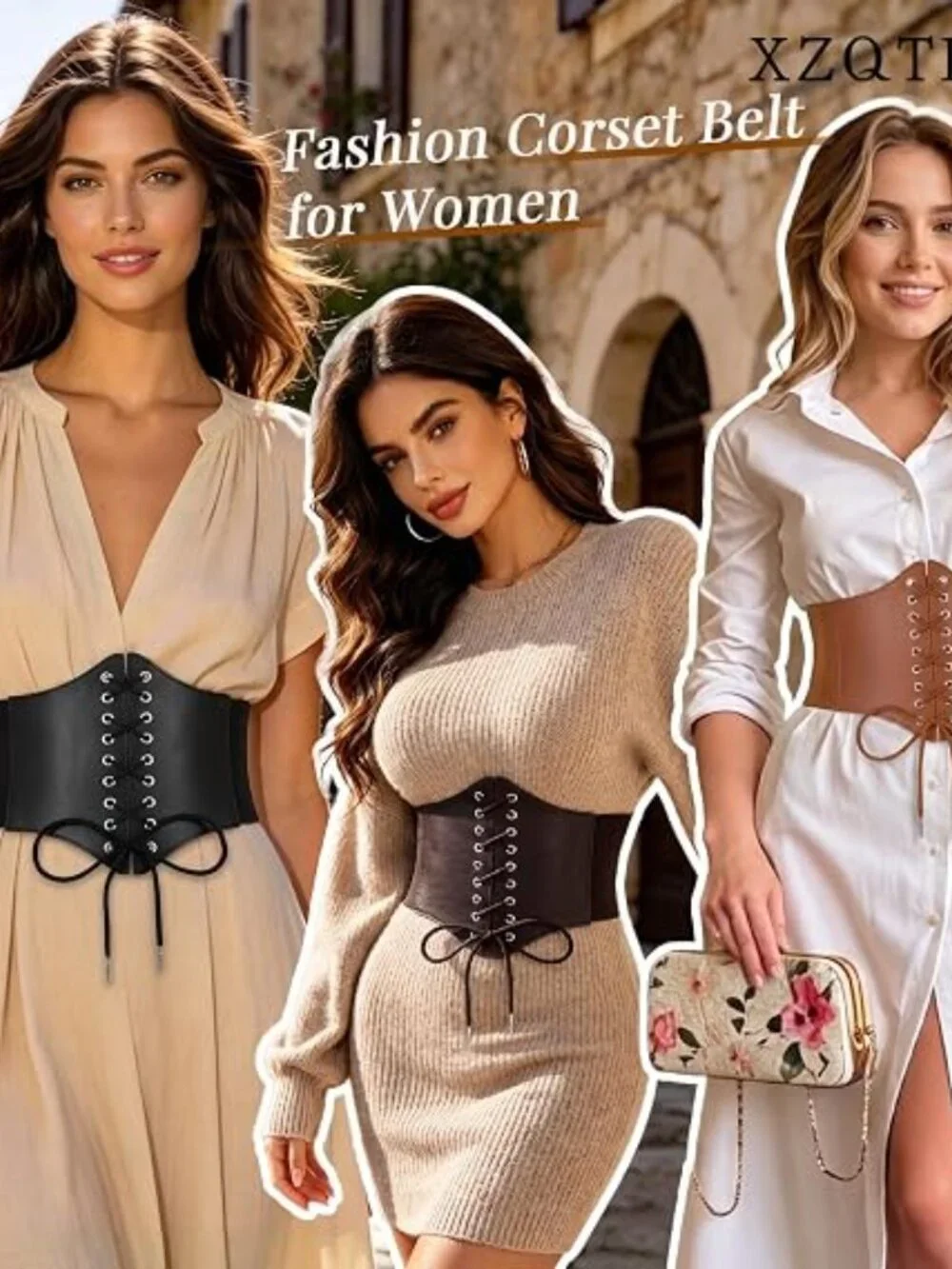 Black Corset Waist Belt for Women, Wide Elastic Tie Waspie Belt for Dresses 4.7i